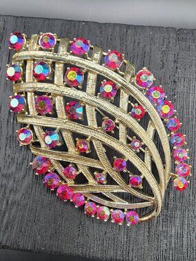 Vintage Gold Tone Leaf Brooch Red AB Rhinestone Statement Pin